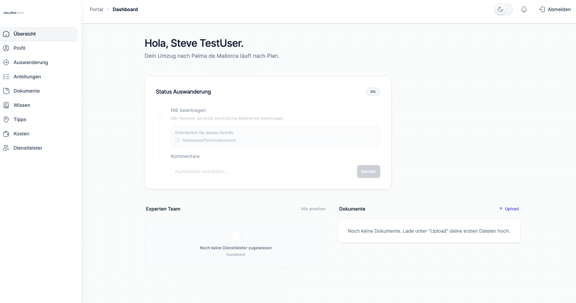 Mallorca Expats Auswanderungs-App Dashboard